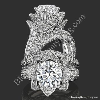 Two views of the large hand engraved blooming beauty flower engagement ring with its matching wedding band - bbr434en-set