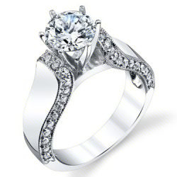 Round solitaire diamond engagement ring with pave set diamonds running down a flared cathedral band - bbr594E