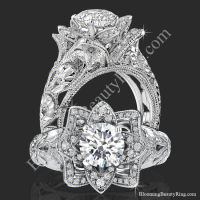 Diamond Embossed Blooming Rose Engagement Ring with Etched Carvings