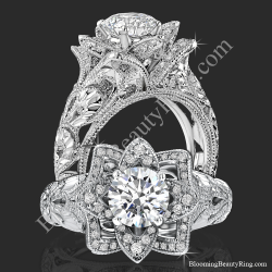 Two views of the diamond embossed blooming rose engagement ring with etched carvings, standing and face on - bbr611-1