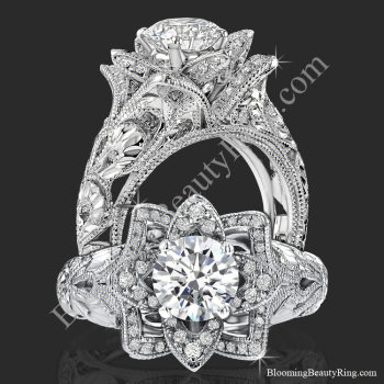 Two views of the diamond embossed blooming rose engagement ring with etched carvings, standing and face on - bbr611-1