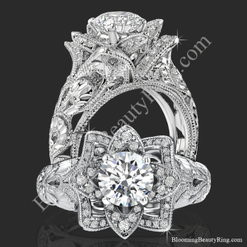 Diamond Embossed Blooming Rose Engagement Ring with Etched Carvings