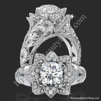 Diamond Embossed Blooming Rose Engagement Ring with Etched Carvings