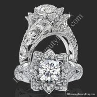 Diamond Embossed Blooming Rose Engagement Ring with Etched Carvings