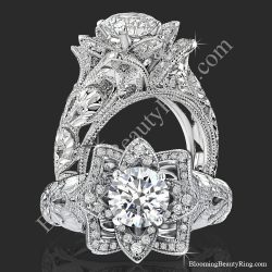 Two views of the diamond embossed blooming rose engagement ring with etched carvings, standing and face on - bbr611-1