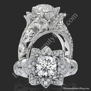 Two views of the diamond embossed blooming rose engagement ring with etched carvings, standing and face on - bbr611-1