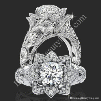 Two views of the diamond embossed blooming rose engagement ring with etched carvings, standing and face on - bbr611-1