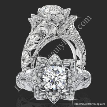 Diamond Embossed Blooming Rose Engagement Ring with Etched Carvings