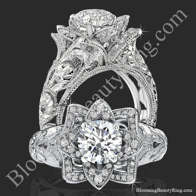 Two views of the diamond embossed blooming rose engagement ring with etched carvings, standing and face on - bbr611-1