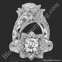 Diamond Embossed Blooming Rose Engagement Ring with Etched Carvings