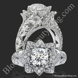 Two views of the diamond embossed blooming rose engagement ring with etched carvings, standing and face on - bbr611-1