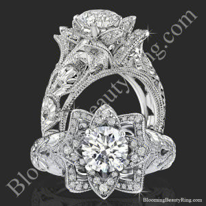 Two views of the diamond embossed blooming rose engagement ring with etched carvings, standing and face on - bbr611-1