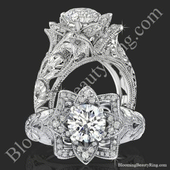 Two views of the diamond embossed blooming rose engagement ring with etched carvings, standing and face on - bbr611-1