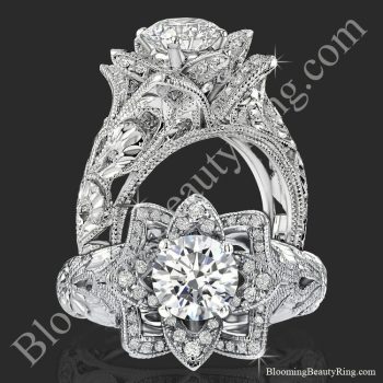 Two views of the diamond embossed blooming rose engagement ring with etched carvings, standing and face on - bbr611-1