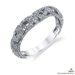 Matching blooming rose diamond wedding band with hand carved openwork, milgrain edges and pave set diamonds around the band - bbr611b