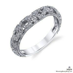 Matching blooming rose diamond wedding band with hand carved openwork, milgrain edges and pave set diamonds around the band - bbr611b