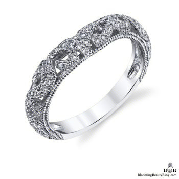 Matching blooming rose diamond wedding band with hand carved openwork, milgrain edges and pave set diamonds around the band - bbr611b