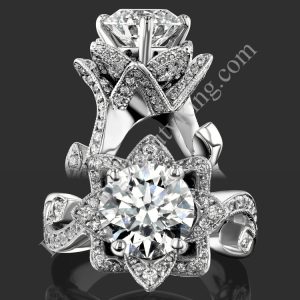 Two views of the nature inspired lotus leafy flower engagement ring set with diamond petals and a leafy vine band - bbr626set