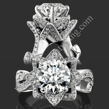 Two views of the nature inspired lotus leafy flower engagement ring set with diamond petals and a leafy vine band - bbr626set