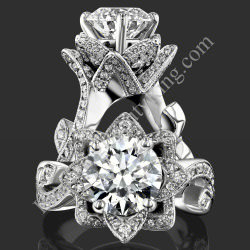 Two views of the nature inspired lotus leafy flower engagement ring set with diamond petals and a leafy vine band - bbr626set