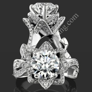 Two views of the nature inspired lotus leafy flower engagement ring set with diamond petals and a leafy vine band - bbr626set