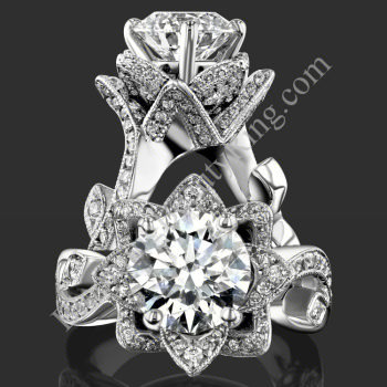Two views of the nature inspired lotus leafy flower engagement ring set with diamond petals and a leafy vine band - bbr626set
