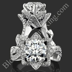 Two views of the nature inspired lotus leafy flower engagement ring set with diamond petals and a leafy vine band - bbr626set