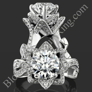 Two views of the nature inspired lotus leafy flower engagement ring set with diamond petals and a leafy vine band - bbr626set
