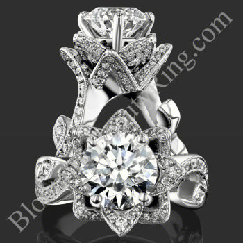 Two views of the nature inspired lotus leafy flower engagement ring set with diamond petals and a leafy vine band - bbr626set