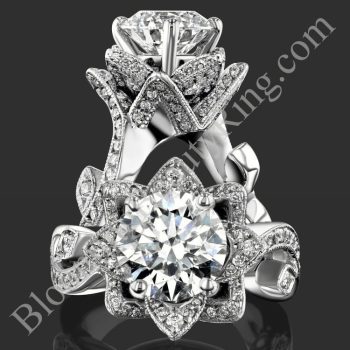 Two views of the nature inspired lotus leafy flower engagement ring set with diamond petals and a leafy vine band - bbr626set