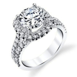 Round diamond in a cushion shaped halo above a split shank of pave set diamonds - bbr642E