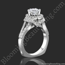 Diamond Embossed Blooming Rose Engagement Ring with Etched Carvings