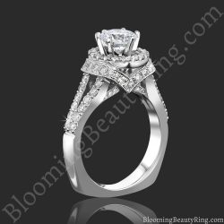 Diamond Embossed Blooming Rose Engagement Ring with Etched Carvings