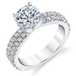 Round diamond engagement ring with two rows of shared prong diamonds curving down each shoulder - bbr714E