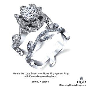 Small Lotus Leafy Swan 1.32 ctw diamond engagement ring set