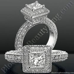 Princess cut diamond raised on a podium inside a square halo, the crown and wide band covered in micro pave diamonds - bbr3299