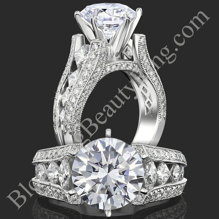 Two views of the wide band diamond engagement ring with marquise shaped side diamonds and milgrain pave edges - bbr734e