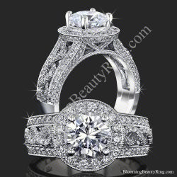 The Diamond Lattice Halo engagement ring standing up and laying down, with a round diamond halo and rows of diamonds down each shoulder, BBR-703E