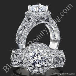 The Diamond Lattice Halo engagement ring standing up and laying down, with a round diamond halo and rows of diamonds down each shoulder, BBR-703E