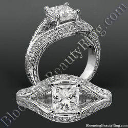 Princess cut diamond engagement ring with a diamond paved split shank and hand carved scroll work along the sides - bbrnw44012