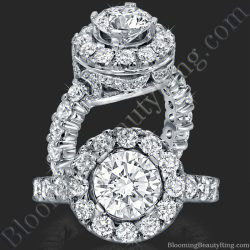 Round diamond engagement ring framed by flowing lace work and rows of pave set diamonds along a wide band - bbr181