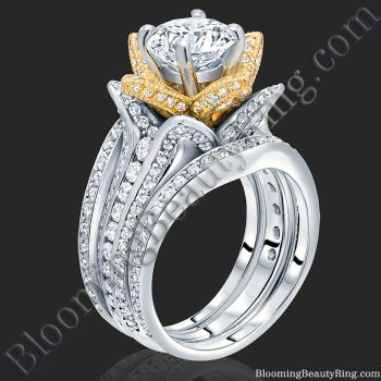 Double Band Two Toned White and Yellow Gold Flower Ring Set - bbr434ttrset