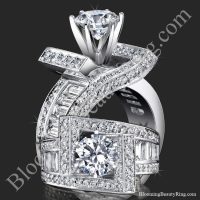 Double Crossover Ribbon Style Baguette and Round Diamond Engagement Ring