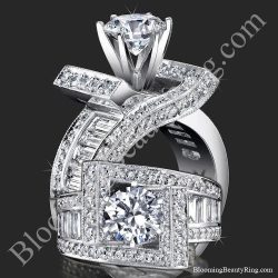 The double crossover ribbon ring from two angles, baguettes and rounds wrapping in opposite directions - bbr4549