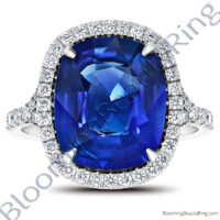 7.94ctw. Halo Split Shank Blue Cushion Sapphire and Diamond Ring