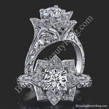 Hand Engraved 8 Petal .58 ct. Diamond Lotus Flower Ring BBR588-2