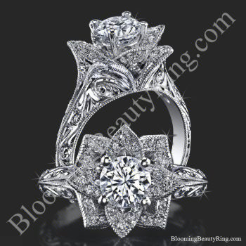 Hand Engraved 8 Petal .58 ct. Diamond Lotus Flower Ring BBR588-2