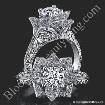 Hand Engraved 8 Petal .58 ct. Diamond Lotus Flower Ring BBR588-2