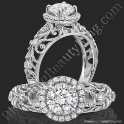 La Bella filigree diamond halo engagement ring shown standing and face on, delicate openwork curling around the round center - bbr669