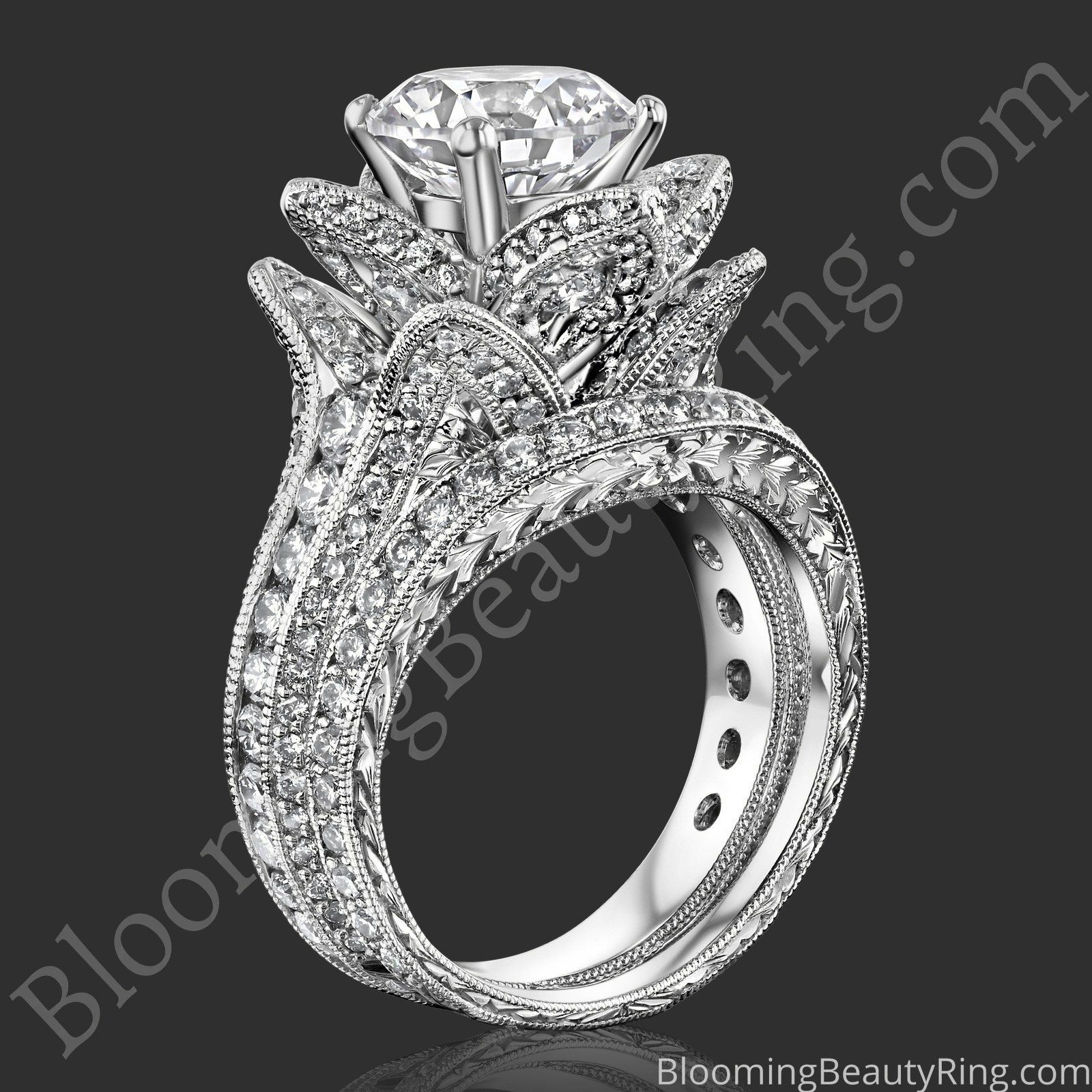 2.08 ctw. Large Hand Engraved Blooming Beauty Wedding Ring Set – bbr434en-set